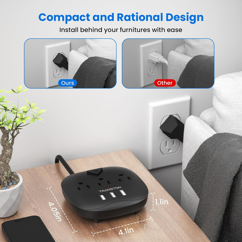 Power Strip 3 Outlets and 3 USB Ports with Switch Control, Desktop Charging Station with 5 Ft Extension Cord, Compact for Nightstand, Office and Travel - Black